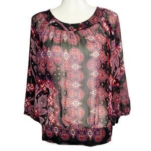 Camaieu Hippie Boho Print Scoop Neck Long Sleeve Sheer Blouse Size Medium Career